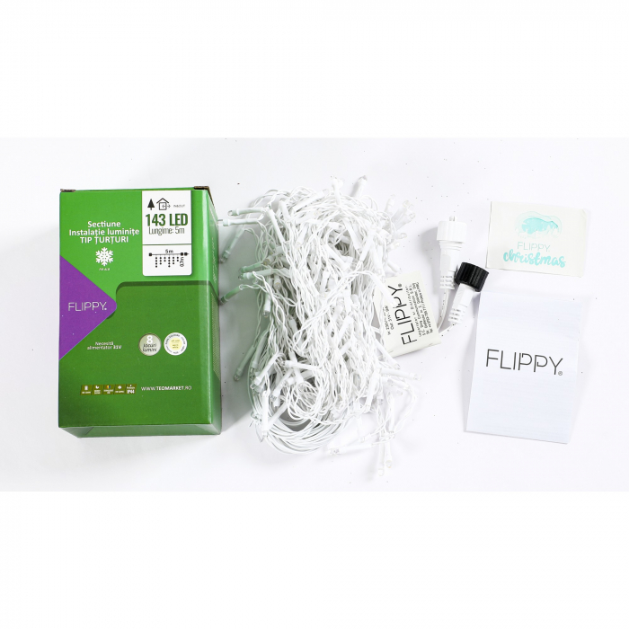 Sectiune de Craciun Flippy® Tip Turturi, 8 jocuri de lumini Sectiu 5 m, 143 LED-uri, Interconectabila, Fir Alb, Alb Cald [2]
