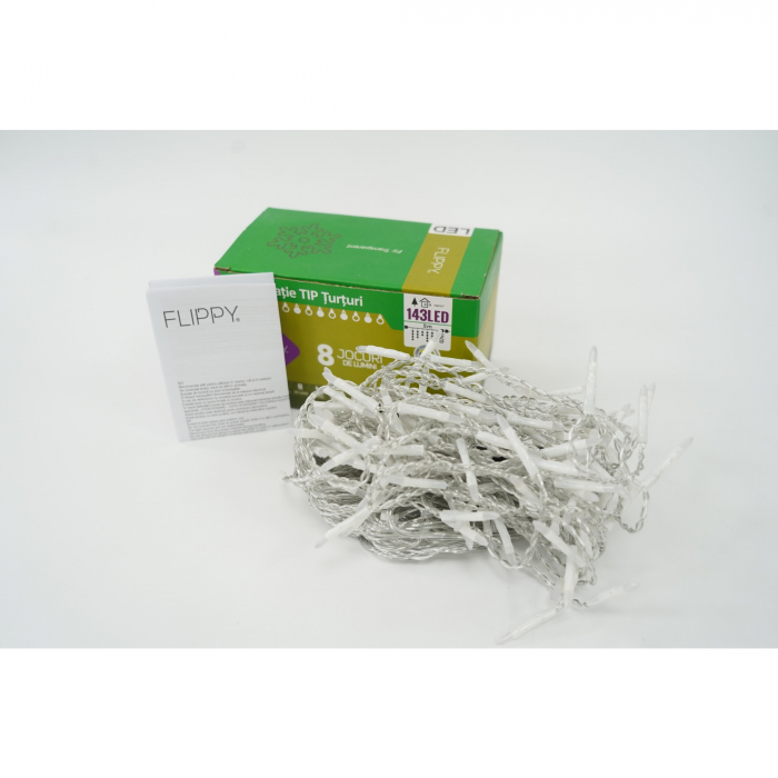 Sectiune Instalatie de Craciun Flippy® Tip Franjuri, 8 jocuri de lumini 5 m, 143 LED-uri, Interconectabila, Fir Transparent, Multicolor, Atentie! nu contine alimentator [7]