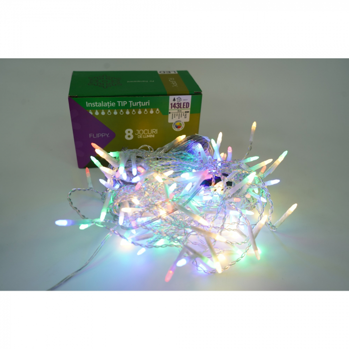 Sectiune Instalatie de Craciun Flippy® Tip Franjuri, 8 jocuri de lumini 5 m, 143 LED-uri, Interconectabila, Fir Transparent, Multicolor, Atentie! nu contine alimentator [2]