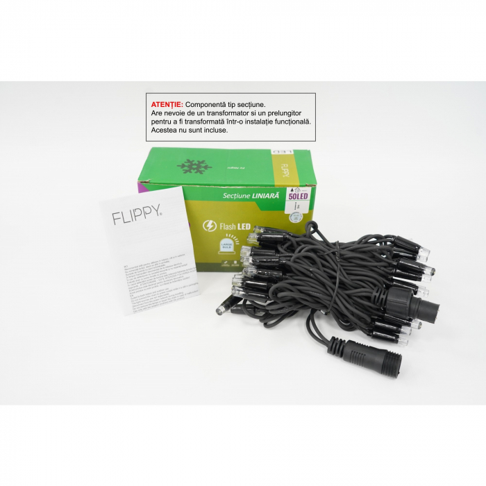 Sectiune Instalatie de Craciun Flippy Tip Liniara, cu Flash, 5 m, 50 LED-uri, Interconectabila, Fir Negru, Alb-Rece [1]