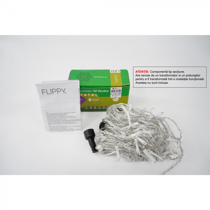 Sectiune Instalatie de Craciun Flippy Tip Perdea, 8 jocuri de lumini, 1x1 m, 60 LED-uri, Interconectabila, Fir Transparent, Alb Cald [1]