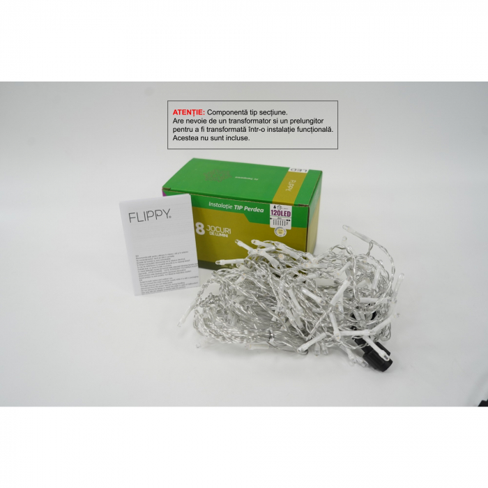 Sectiune Instalatie de Craciun Flippy Tip Perdea, 8 jocuri de lumini, 2m x1 m, 120 LED-uri, Interconectabila, Fir Transparent, Alb Cald [1]