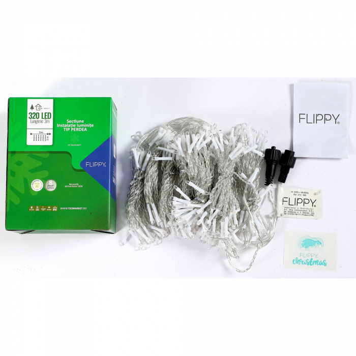 Sectiune Instalatie de Craciun Flippy Tip Perdea, cu 8 jocuri de lumini, 3 m x 3 m, 320 LED-uri, Interconectabila, Fir Transparent, Alb Cald [1]