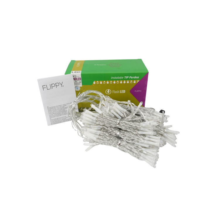 Sectiune Instalatie de Craciun Flippy Tip Perdea, cu Flash, 2 m x 2 m, 240 LED-uri, Interconectabila, Fir Transparent, Alb-Rece [2]