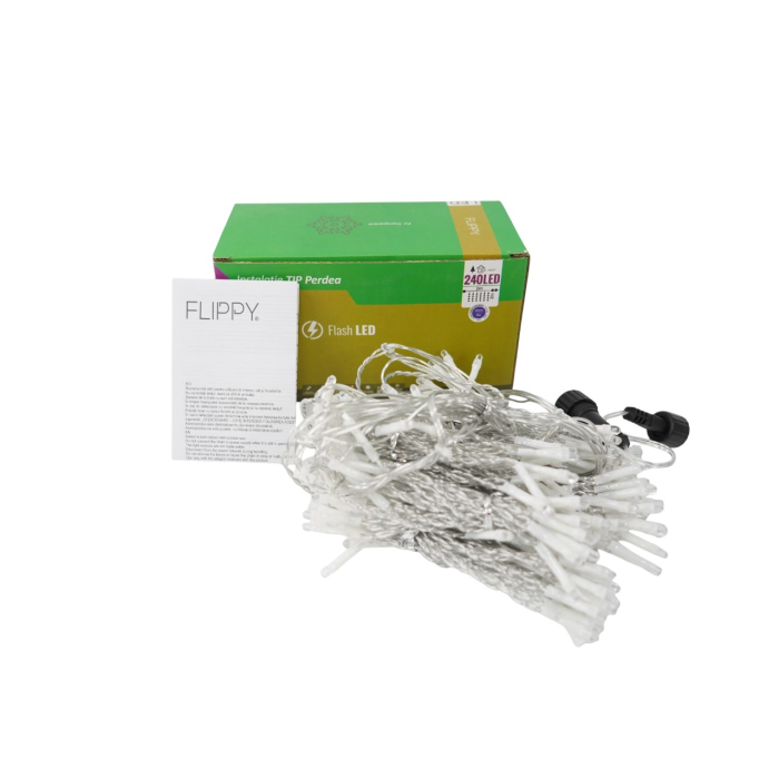 Sectiune Instalatie de Craciun Flippy Tip Perdea, cu Flash, 2 m x 2 m, 240 LED-uri, Interconectabila, Fir Transparent, Albastru [2]