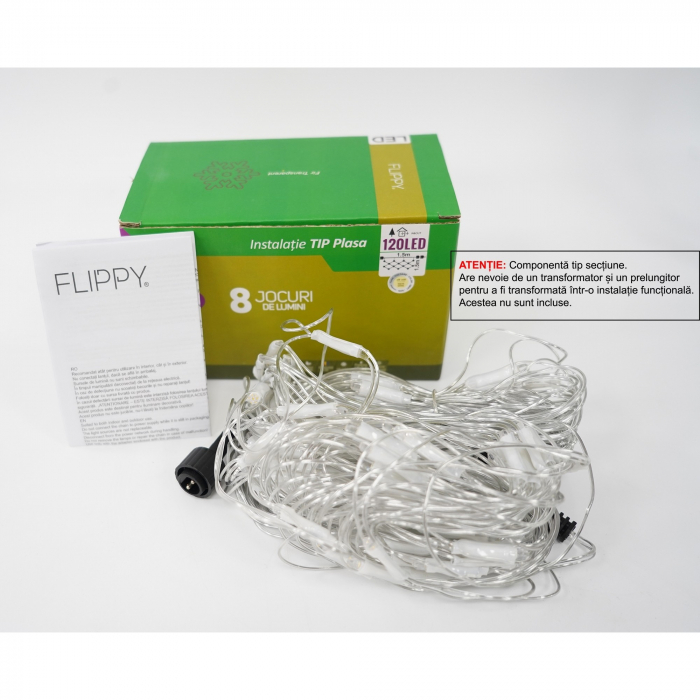 Sectiune Instalatie de Craciun Flippy, Tip Plasa, 120 LED-uri, 1.5 x 1.5 m, 8 jocuri de lumini, Interconectabila, Fir transparent, Alb cald [1]