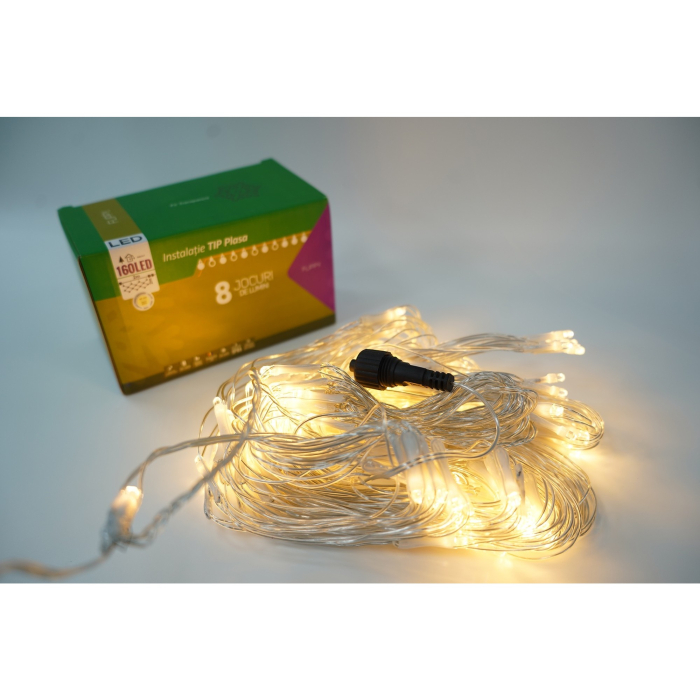 Sectiune Instalatie de Craciun Flippy, Tip Plasa, 160 LED-uri, 2 m x 2 m, 8 jocuri de lumini, Interconectabila, Fir transparent, Alb cald [3]