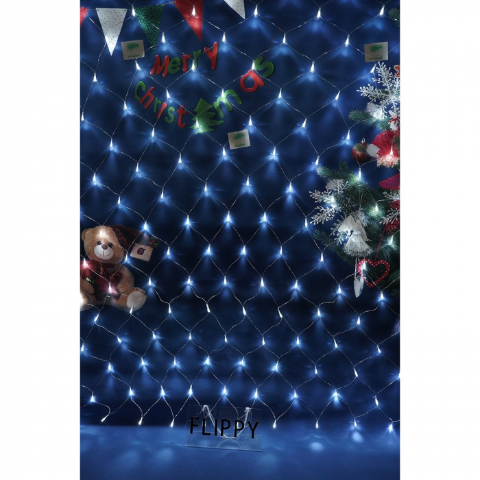 Sectiune Instalatie de Craciun Flippy, Tip Plasa, 160 LED-uri, 2 m x 2 m, 8 jocuri de lumini, Interconectabila, Fir transparent, Alb rece [2]