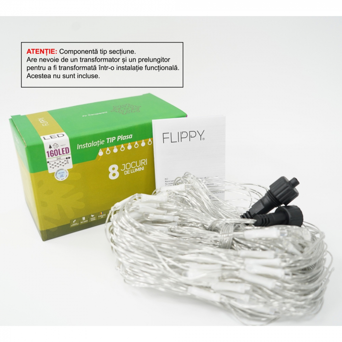 Sectiune Instalatie de Craciun Flippy, Tip Plasa, 160 LED-uri, 2 m x 2 m, 8 jocuri de lumini, Interconectabila, Fir transparent, Alb rece [1]