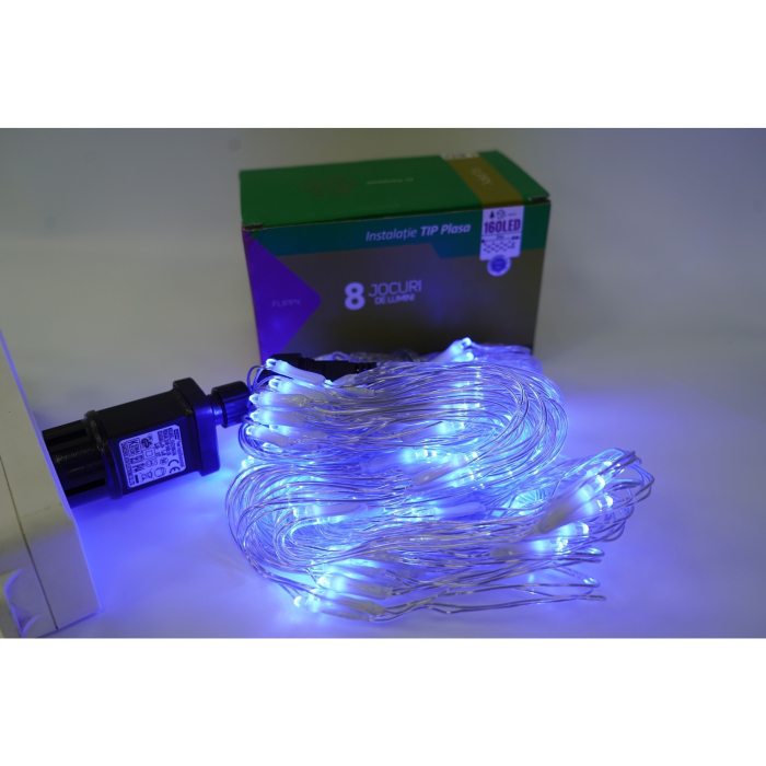 Sectiune Instalatie de Craciun Flippy, Tip Plasa, 160 LED-uri, 2 m x 2 m, 8 jocuri de lumini, Interconectabila, Fir transparent, Albastru [4]