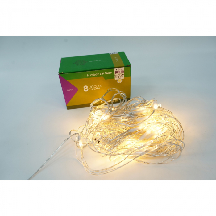 Sectiune Instalatie de Craciun Flippy, Tip Plasa, 160 LED-uri, 3 m x 1 m, 8 jocuri de lumini, Interconectabila, Fir transparent, Alb cald [4]