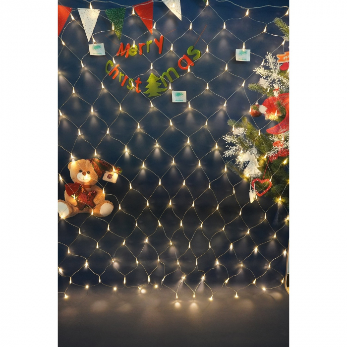 Sectiune Instalatie de Craciun Flippy, Tip Plasa, 320 LED-uri, 3 m x 3 m, 8 jocuri de lumini, Interconectabila, Fir transparent, Alb cald [2]