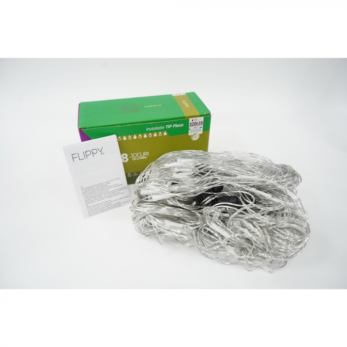 Sectiune Instalatie de Craciun Flippy, Tip Plasa, 320 LED-uri, 3 m x 3 m, 8 jocuri de lumini, Interconectabila, Fir transparent, Alb cald [4]