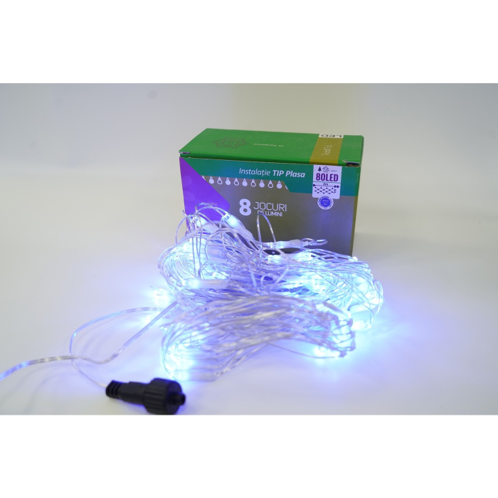 Sectiune Instalatie de Craciun Flippy, Tip Plasa, 80 LED-uri, 2 m x 1 m, 8 jocuri de lumini, Interconectabila, Fir transparent, Albastru [4]