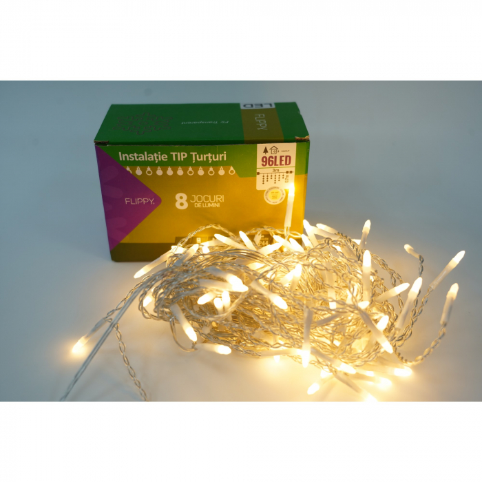 Sectiune Instalatie de Craciun Flippy® Tip Turturi, 8 jocuri de lumini 3 m, 96 LED-uri, Interconectabila, Fir Transparent, Alb Cald, Atentie! nu contine alimentator [5]