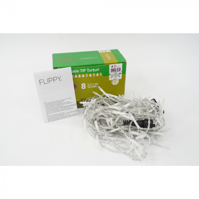 Sectiune Instalatie de Craciun Flippy® Tip Turturi, 8 jocuri de lumini 3 m, 96 LED-uri, Interconectabila, Fir Transparent, Alb Cald, Atentie! nu contine alimentator [4]