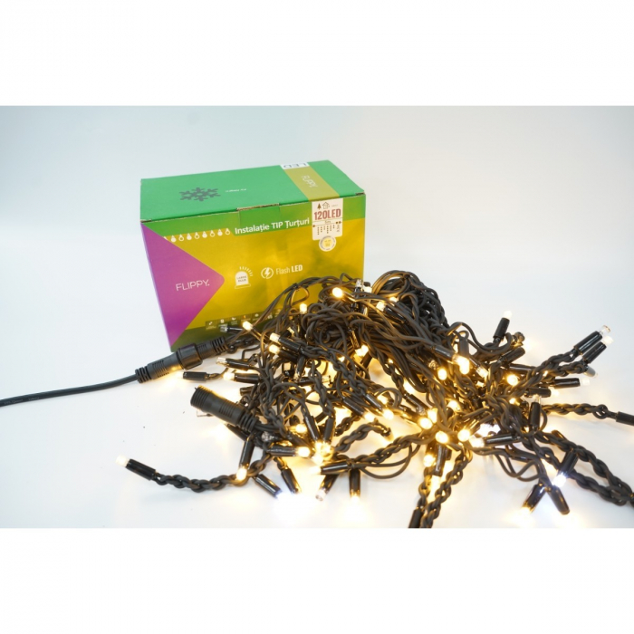 Sectiune Instalatie de Craciun Flippy® Tip Turturi, Franjuri cu Flash, IP65, Sectiune 5 m, 120 LED-uri, Interconectabila, Fir Negru, Alb Cald, Atentie! fara Alimentator [1]