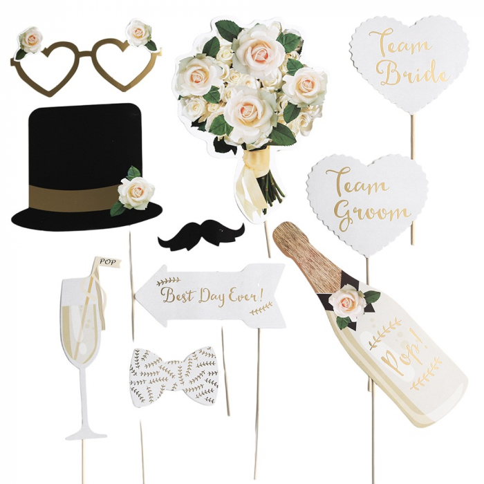 Set 10 Accesorii pentru Petrecere, Flippy, Props pentru Coltul de Poze, Model Mire si Mireasa, Tematica Nunta, Multicolor [1]