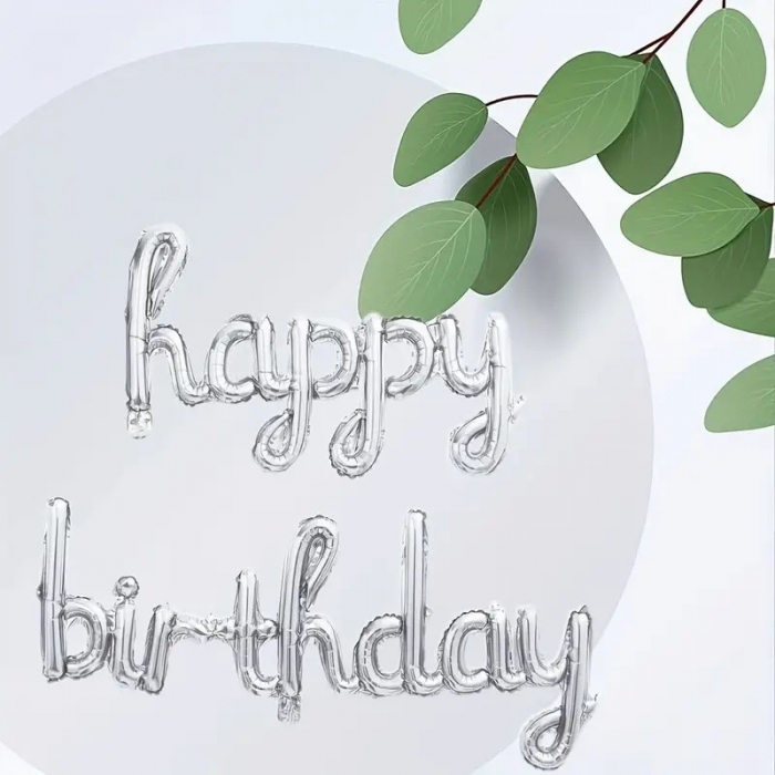 Set 10 Baloane din Folie Metalizata, Flippy, Figurine Litere, Model Scris de Mana Happy Birthday, Tema Aniversare, 40 cm, Ambalaj Individual, Pai Inclus, Umflare cu Aer sau Heliu, Argintiu [2]
