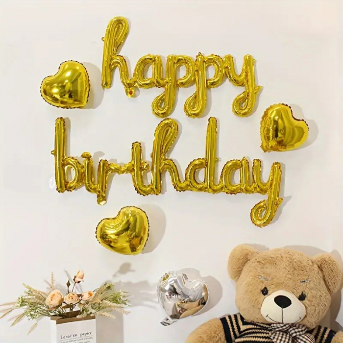 Set 10 Baloane din Folie Metalizata, Flippy, Figurine Litere, Model Scris de Mana Happy Birthday, Tema Aniversare, 40 cm, Ambalaj Individual, Pai Inclus, Umflare cu Aer sau Heliu, Auriu [3]
