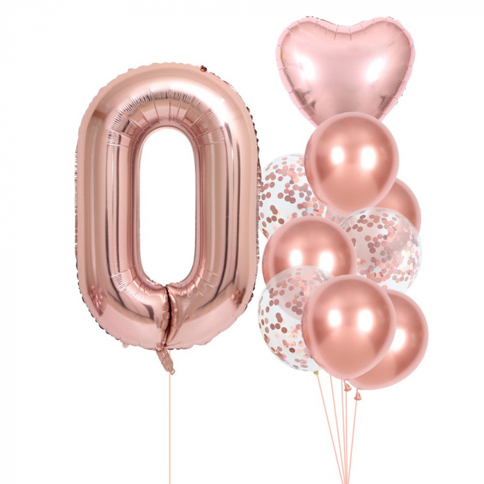 Set 10 Baloane Folie si Latex, Flippy, Tematica Aniversare, Baloane Latex 25cm, Figurina Inimioara 45 cm, Cifra 0 de 81 cm, Ambalaj Individual, Pai Inclus, Umflare cu Aer sau Heliu, Roz Pal [1]
