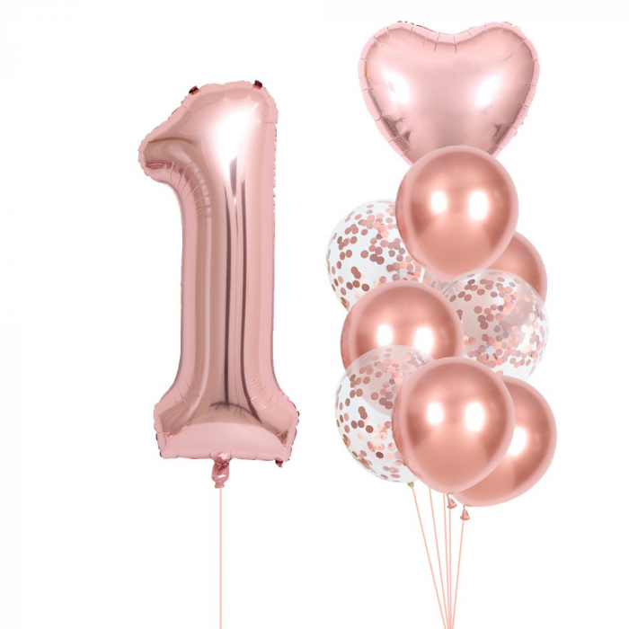 Set 10 Baloane Folie si Latex, Flippy, Tematica Aniversare, Baloane Latex 25cm, Figurina Inimioara 45 cm, Cifra 1 de 81 cm, Ambalaj Individual, Pai Inclus, Umflare cu Aer sau Heliu, Roz Pal [1]