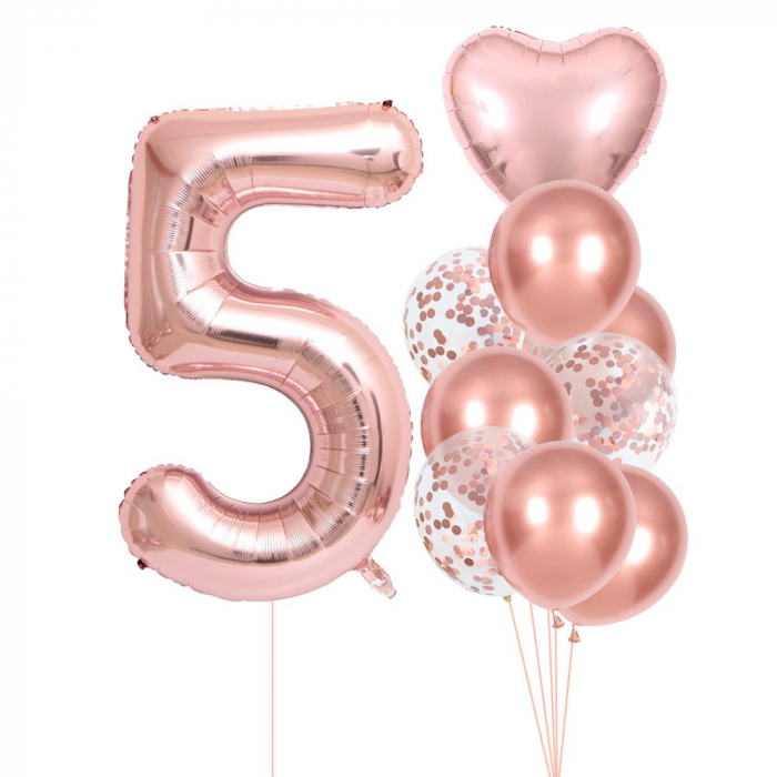 Set 10 Baloane Folie si Latex, Flippy, Tematica Aniversare, Baloane Latex 25cm, Figurina Inimioara 45 cm, Cifra 5 de 81 cm, Ambalaj Individual, Pai Inclus, Umflare cu Aer sau Heliu, Roz Pal [1]