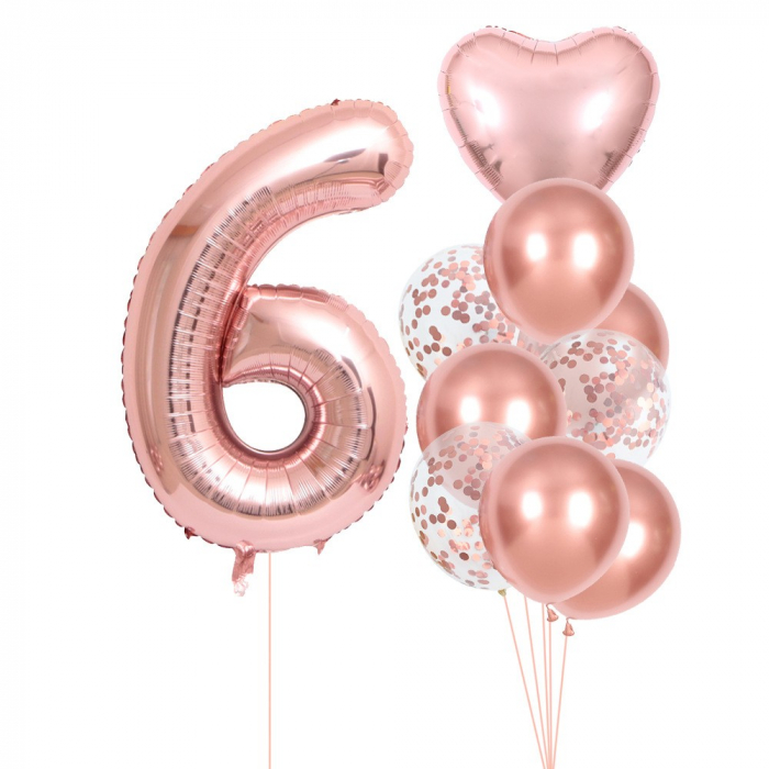 Set 10 Baloane Folie si Latex, Flippy, Tematica Aniversare, Baloane Latex 25cm, Figurina Inimioara 45 cm, Cifra 6 de 81 cm, Ambalaj Individual, Pai Inclus, Umflare cu Aer sau Heliu, Roz Pal [1]