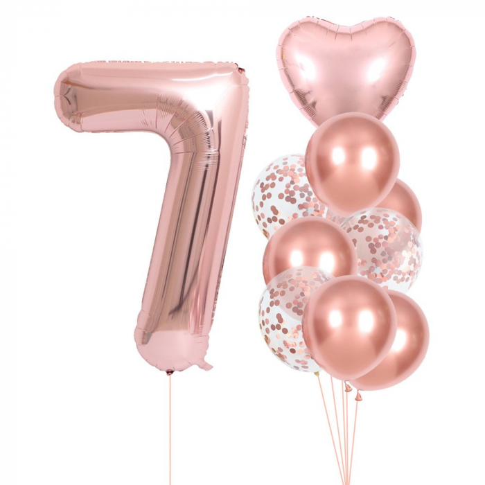 Set 10 Baloane Folie si Latex, Flippy, Tematica Aniversare, Baloane Latex 25cm, Figurina Inimioara 45 cm, Cifra 7 de 81 cm, Ambalaj Individual, Pai Inclus, Umflare cu Aer sau Heliu, Roz Pal [1]
