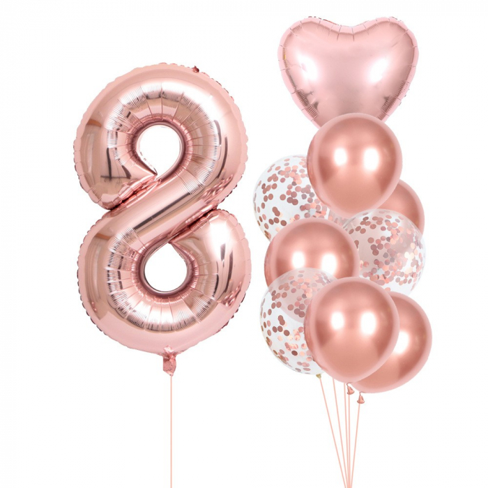 Set 10 Baloane Folie si Latex, Flippy, Tematica Aniversare, Baloane Latex 25cm, Figurina Inimioara 45 cm, Cifra 8 de 81 cm, Ambalaj Individual, Pai Inclus, Umflare cu Aer sau Heliu, Roz Pal [1]