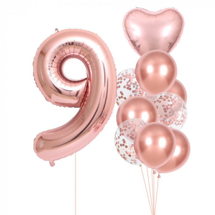 Set 10 Baloane Folie si Latex, Flippy, Tematica Aniversare, Baloane Latex 25cm, Figurina Inimioara 45 cm, Cifra 9 de 81 cm, Ambalaj Individual, Pai Inclus, Umflare cu Aer sau Heliu, Roz Pal [1]