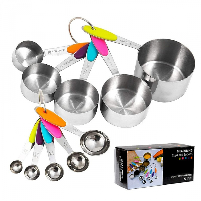Set 10 Piese de Masurare, Flippy, 5 Linguri Gradate + 5 Cesti Gradate, Otel Inoxidabil + Silicon, 19 x 8 x 9 cm, Multicolor [1]