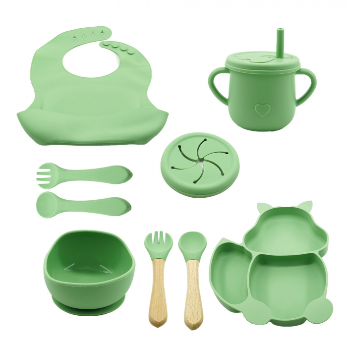 Set 10 piese diversificare bebelusi si copii din silicon Flippy, baveta, farfurie compartimentata cu ventuza, bol cu ventuza, tacamuri din lemn si silicon, cana pentru gustari, fara alergeni, verde [1]