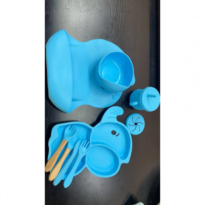 Set 10 Piese Servire Masa. Flippy, pentru Bebelusi si Copii, din Silicon/Lemn, cu Ventuze Anti-alunecare, fara Alergeni. +6 Luni, Model Elefant, Albastru [1]