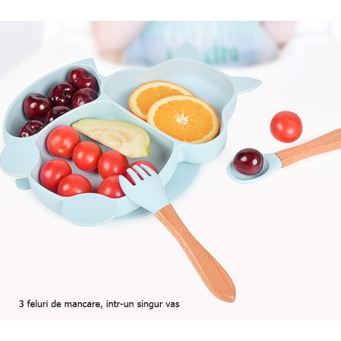 Set 10 piese diversificare bebelusi si copii din silicon Flippy, baveta, farfurie compartimentata cu ventuza, bol cu ventuza, tacamuri din lemn si silicon, cana pentru gustari, fara alergeni, baby blu [2]