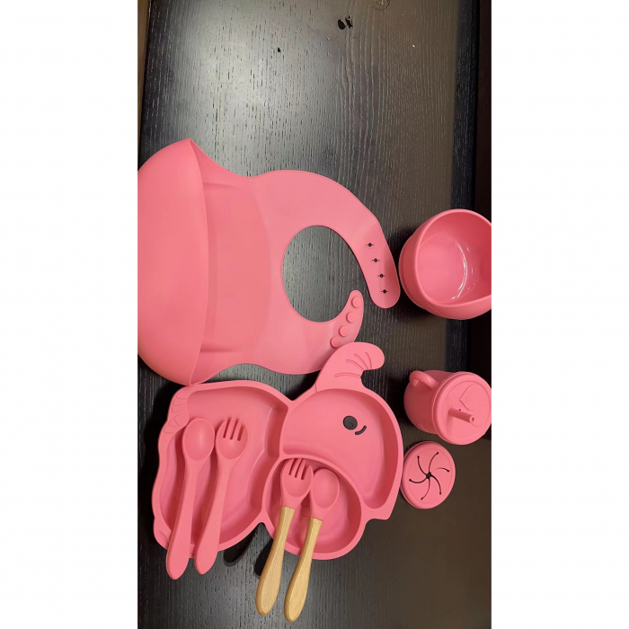 Set 10 Piese Servire Masa. Flippy, pentru Bebelusi si Copii, din Silicon/Lemn, cu Ventuze Anti-alunecare, fara Alergeni. +6 Luni, Model Elefant, Roz [1]