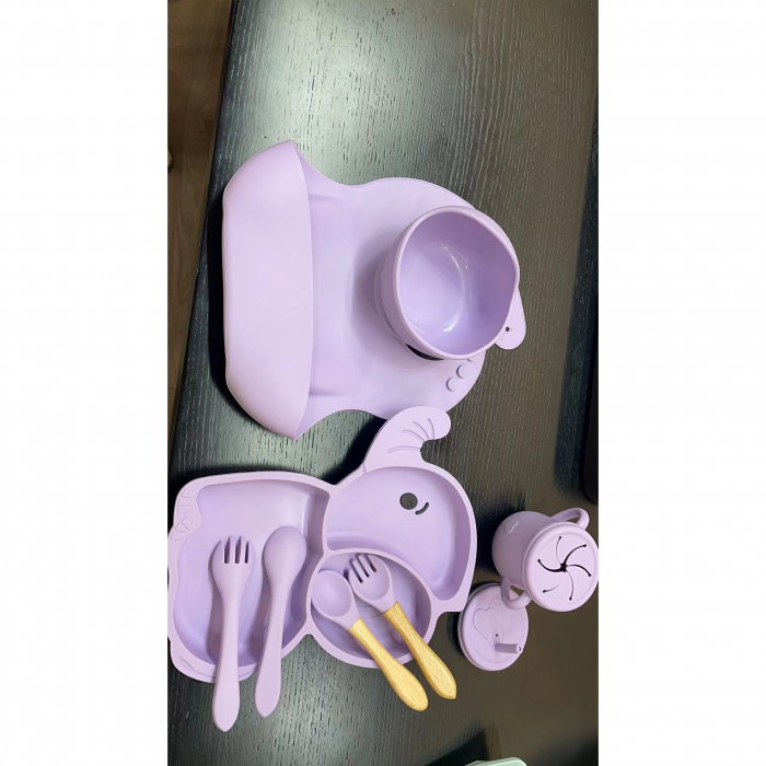 Set 10 Piese Servire Masa. Flippy, pentru Bebelusi si Copii, din Silicon/Lemn, cu Ventuze Anti-alunecare, fara Alergeni. +6 Luni, Model Elefant, Mov [1]