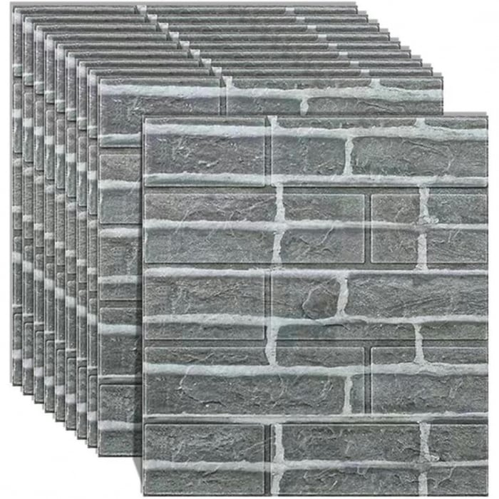 Lichidare Set 10 Placi Tapet 3D, Flippy, 35 x 38 cm, Grosime 3 mm, din Polietilena, Model Caramida, Suprafata acoperita 1.33 mp, Gri - [4]
