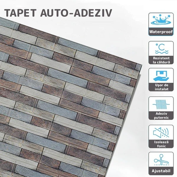 Set 10 Placi Tapet 3D, Flippy, 70 x 77 cm, Grosime 3 mm, din Polietilena, Model Caramida, Suprafata acoperita 5.3 mp, Piatra Colorata [3]