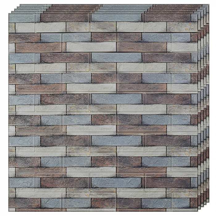 Set 10 Placi Tapet 3D, Flippy, 70 x 77 cm, Grosime 3 mm, din Polietilena, Model Caramida, Suprafata acoperita 5.3 mp, Piatra Colorata [2]