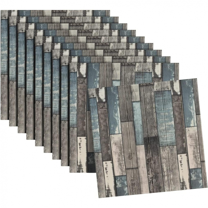 Set 10 Placi Tapet 3D, Flippy, 70 x 70 cm, Grosime 3 mm, din Rasina, Tip Placi de Lemn, Suprafata Acoperita 4.9 mp, Gri/Albastru [7]