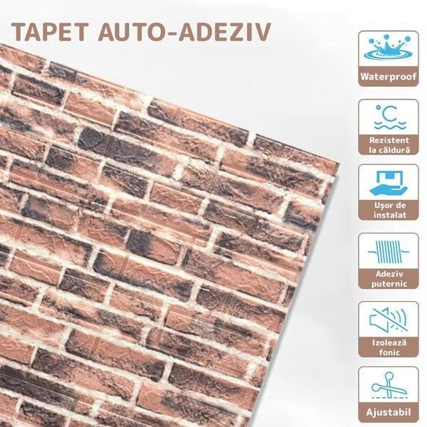 Set 10 Placi Tapet 3D, Flippy, 70 x 77 cm, Grosime 3 mm, din Polietilena, Model Caramida, Suprafata acoperita 5.3 mp, Caramida Rosie [2]