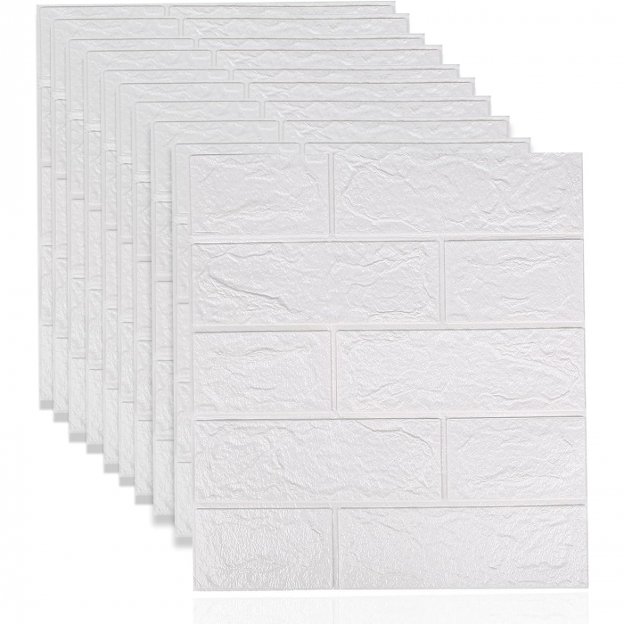 Set 10 Placi Tapet 3D, Flippy, 35 x 38 cm, Grosime 3 mm, din Polietilena, Model Caramida, Suprafata acoperita 1.33 mp, Alb [6]