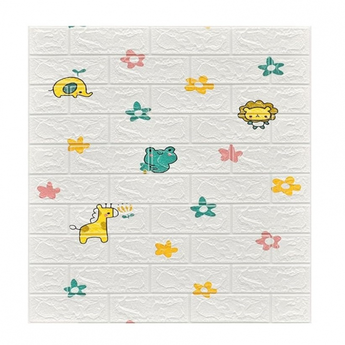 Set 10 Placi Tapet 3D, Flippy, 70 x 77 cm, Grosime 3 mm, din Polietilena, Tip Caramida, Model Animalute si Floricele, Suprafata acoperita 5.3 mp, Alb [1]