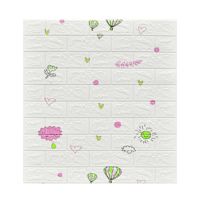 Set 10 Placi Tapet 3D, Flippy, 70 x 77 cm, Grosime 3 mm, din Polietilena, Tip Caramida, Model cu Baloane, Suprafata acoperita 5.3 mp, Alb [1]