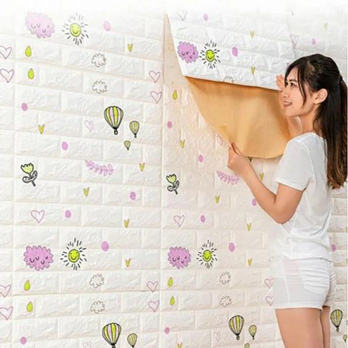 Set 10 Placi Tapet 3D, Flippy, 70 x 77 cm, Grosime 3 mm, din Polietilena, Tip Caramida, Model cu Baloane, Suprafata acoperita 5.3 mp, Alb [5]