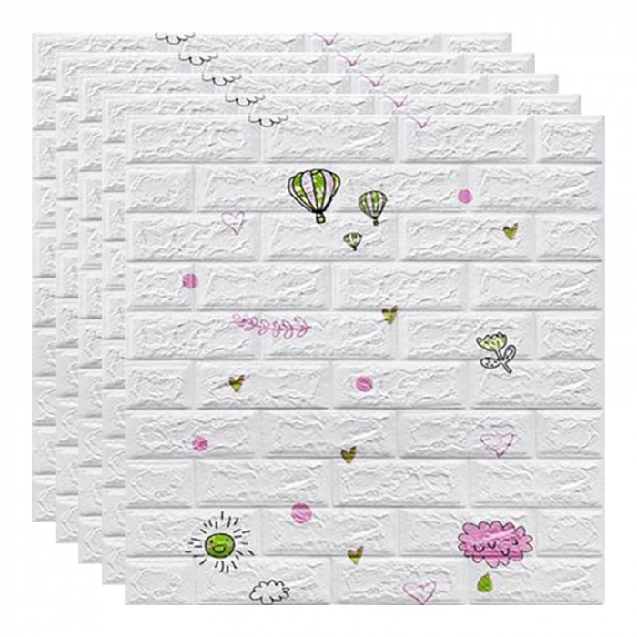 Set 10 Placi Tapet 3D, Flippy, 70 x 77 cm, Grosime 3 mm, din Polietilena, Tip Caramida, Model cu Baloane, Suprafata acoperita 5.3 mp, Alb [2]