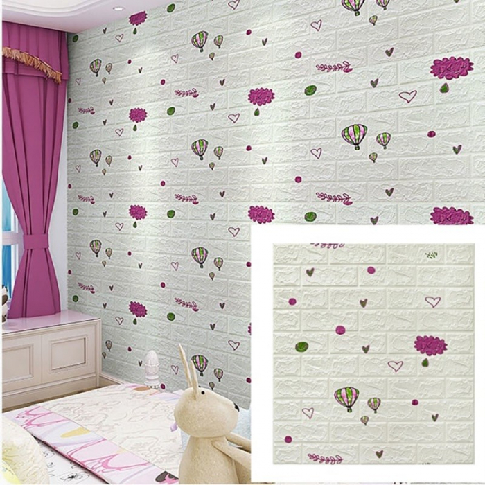 Set 10 Placi Tapet 3D, Flippy, 70 x 77 cm, Grosime 3 mm, din Polietilena, Tip Caramida, Model cu Baloane, Suprafata acoperita 5.3 mp, Alb [4]