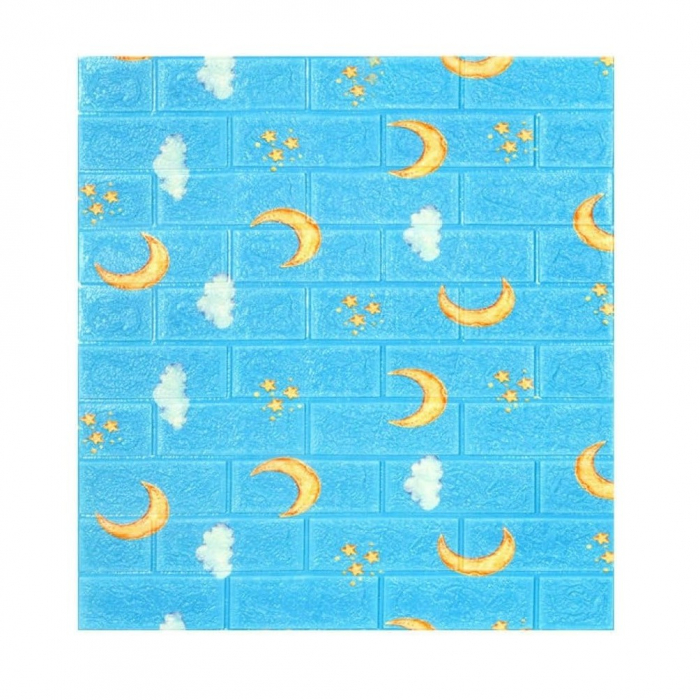 Set 10 Placi Tapet 3D, Flippy, 70 x 77 cm, Grosime 3 mm, din Polietilena, Tip Caramida, Model Luna, Suprafata acoperita 5.3 mp, Albastru [1]