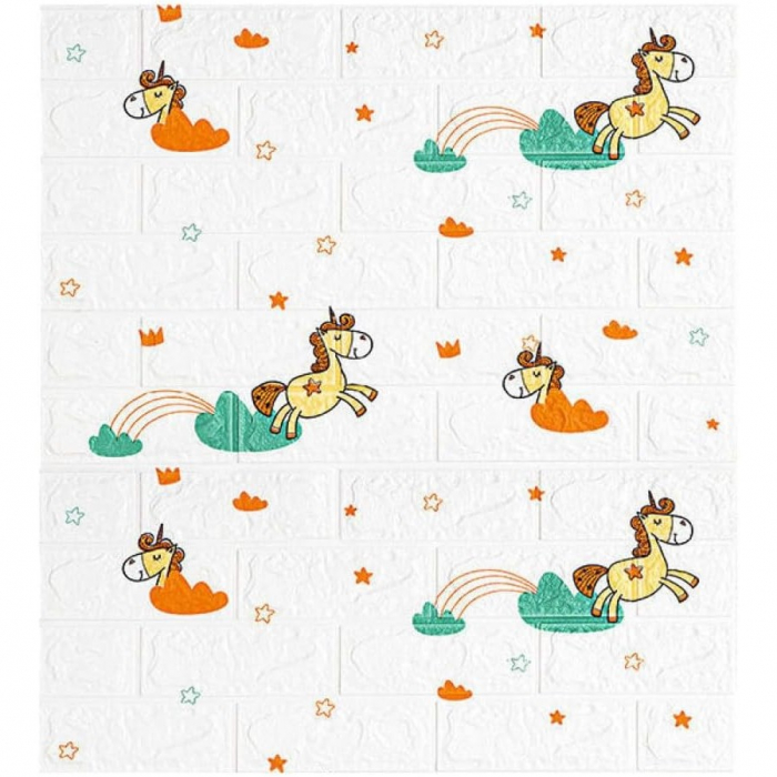 Set 10 Placi Tapet 3D, Flippy, 70 x 77 cm, Grosime 3 mm, din Polietilena, Tip Caramida, Model Unicorni, Suprafata acoperita 5.3 mp, Alb [3]